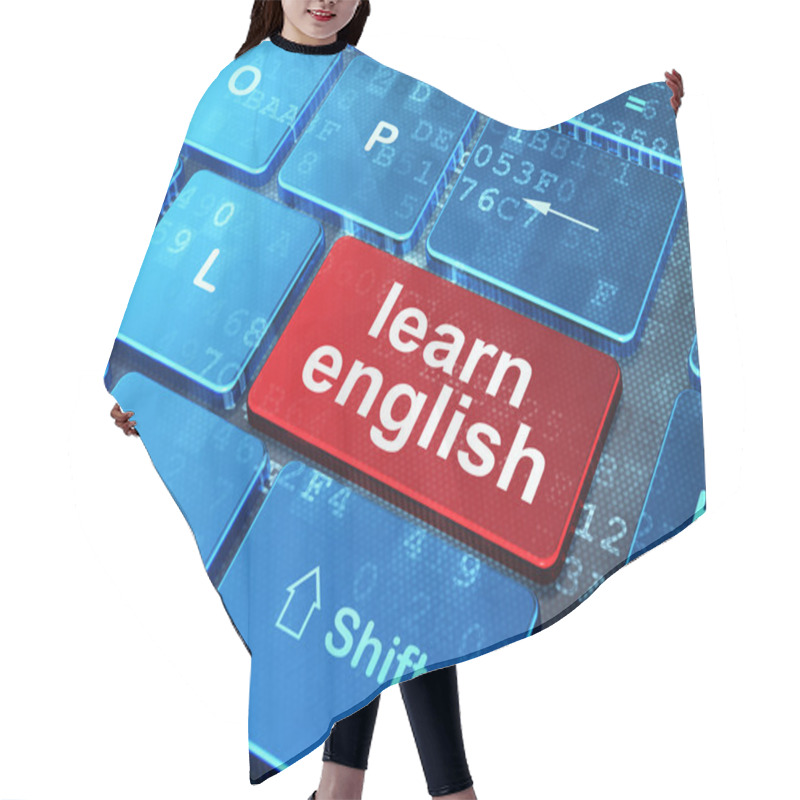 Personality  Education Concept: Learn English On Computer Keyboard Background Hair Cutting Cape