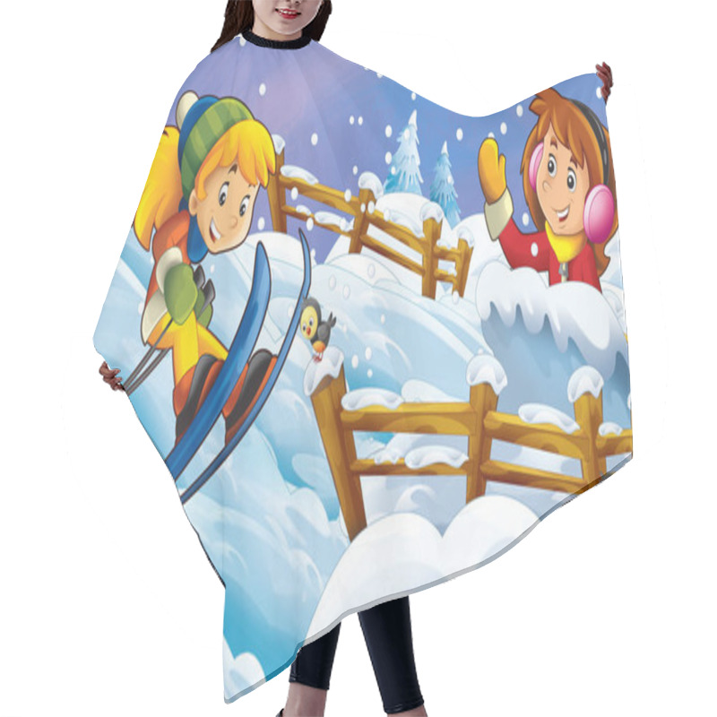 Personality  Cartoon Winter Nature Scene With Happy Child Girl Skiing - Illustration For Children Hair Cutting Cape