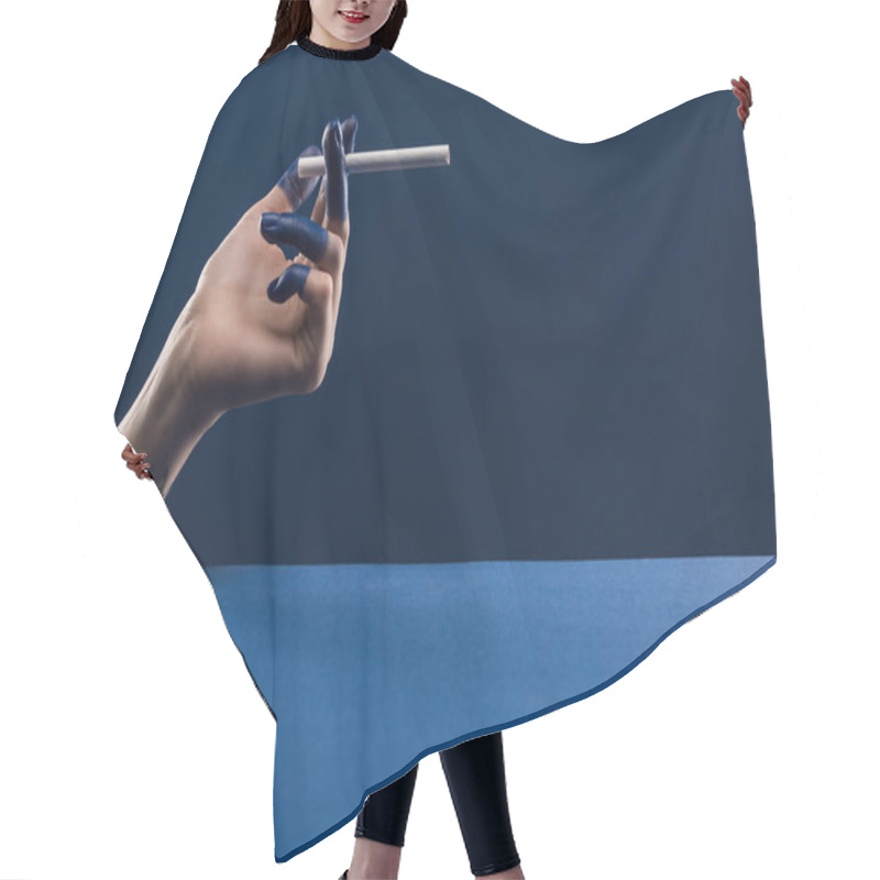 Personality  Cropped View Of Female Hand With Painted Fingers Holding Cigarette Isolated On Blue Hair Cutting Cape