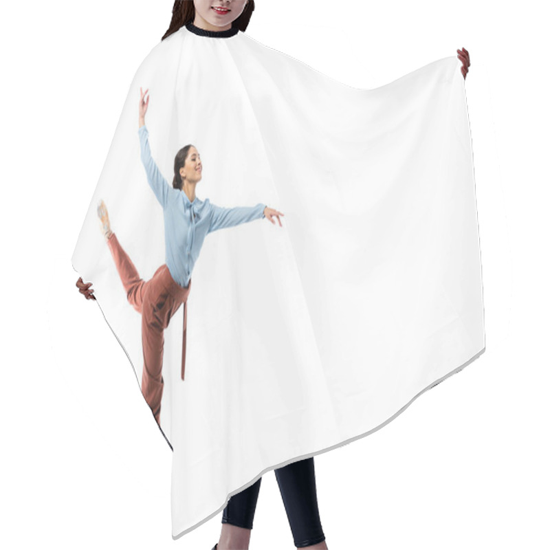 Personality  Cheerful Professional Ballerina Dancing On White Background  Hair Cutting Cape