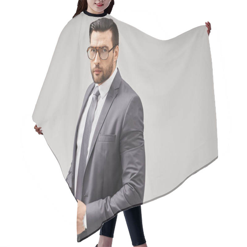 Personality  Handsome Businessman In Formal Wear And Glasses Standing On Grey Background, Elegance And Style Hair Cutting Cape