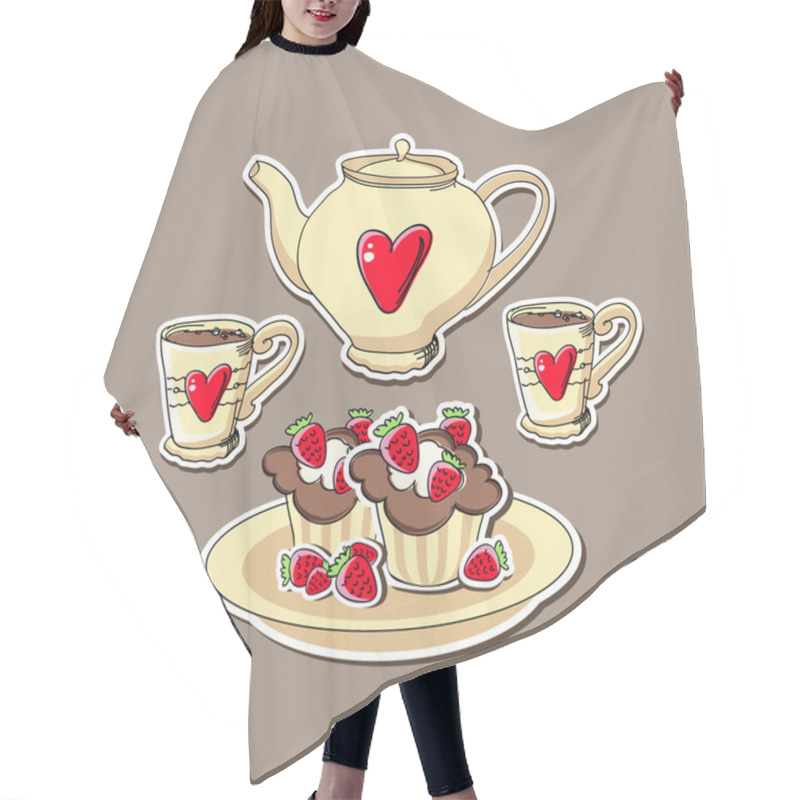 Personality  Vector Background With Cupcakes And Teapots. Hair Cutting Cape