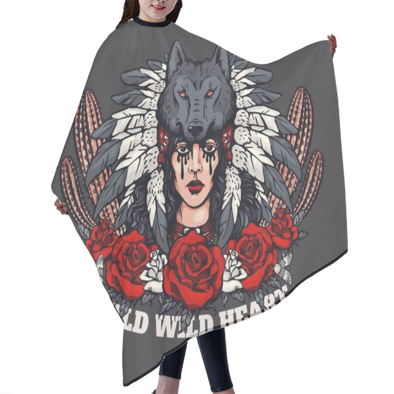 Personality  Wild Heart American Gothic Vector Poster Design. Wild West Style. Pretty Cowgirl In Headdress Decorated Wolf Head And Feathers, Moth, Roses And Cactus. Vintage Western Grunge Background With Lettering Hair Cutting Cape