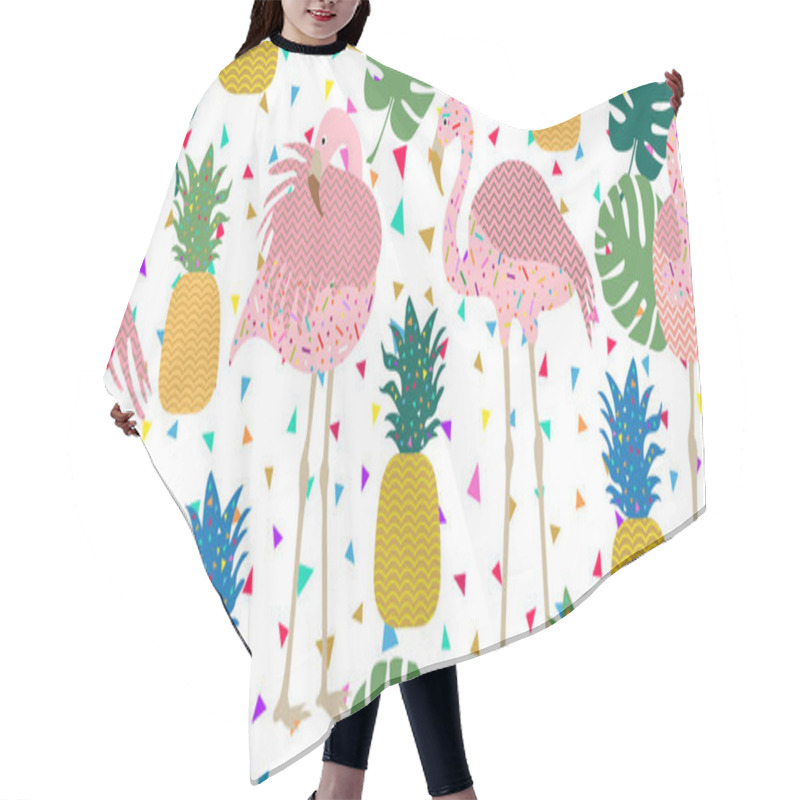 Personality  Dark Tropical Print. Seamless Vector Pattern With Pink Flamingos And Golden Pineapples.  Hair Cutting Cape