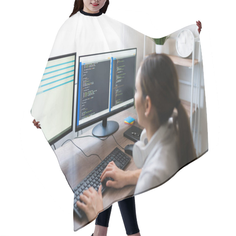 Personality  Young Female Programmer Seen From Behind Coding On The Computer Pc. Hispanic Woman Checking Her Code App Hair Cutting Cape