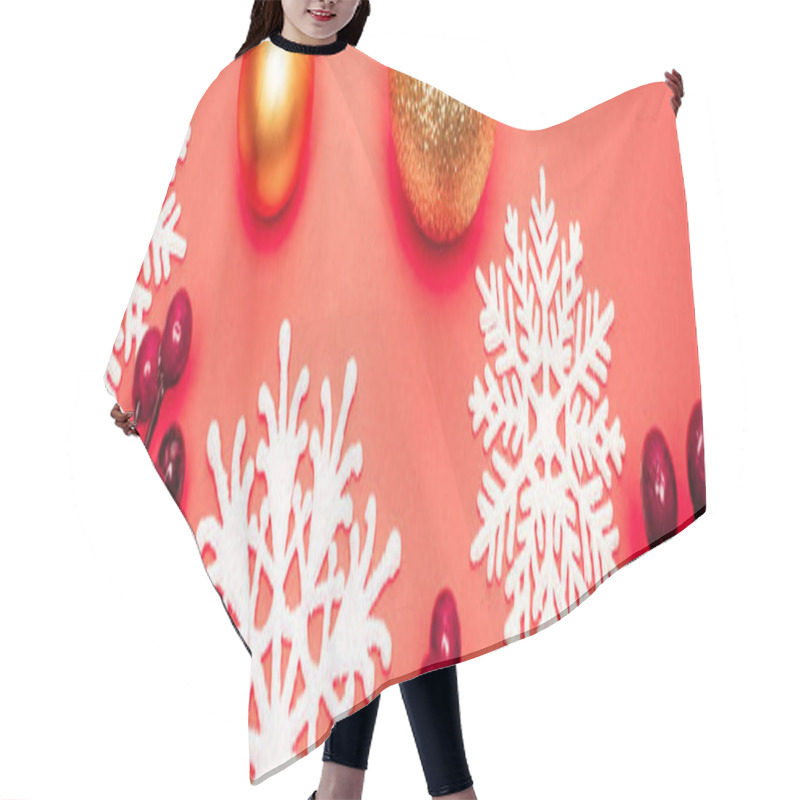 Personality  Top View Of Baubles, Snowflakes And Berries On Red Background, Banner Hair Cutting Cape