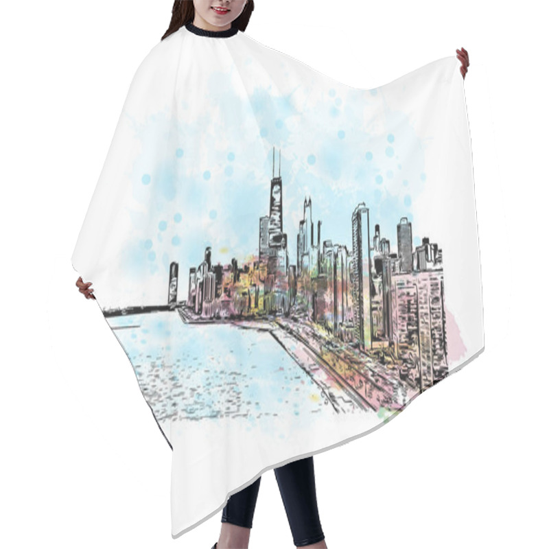 Personality  Print Building View With Landmark Of Chicago Is A City In The U.S. State Of Illinois. Watercolour Splash With Hand Drawn Sketch Illustration In Vector. Hair Cutting Cape