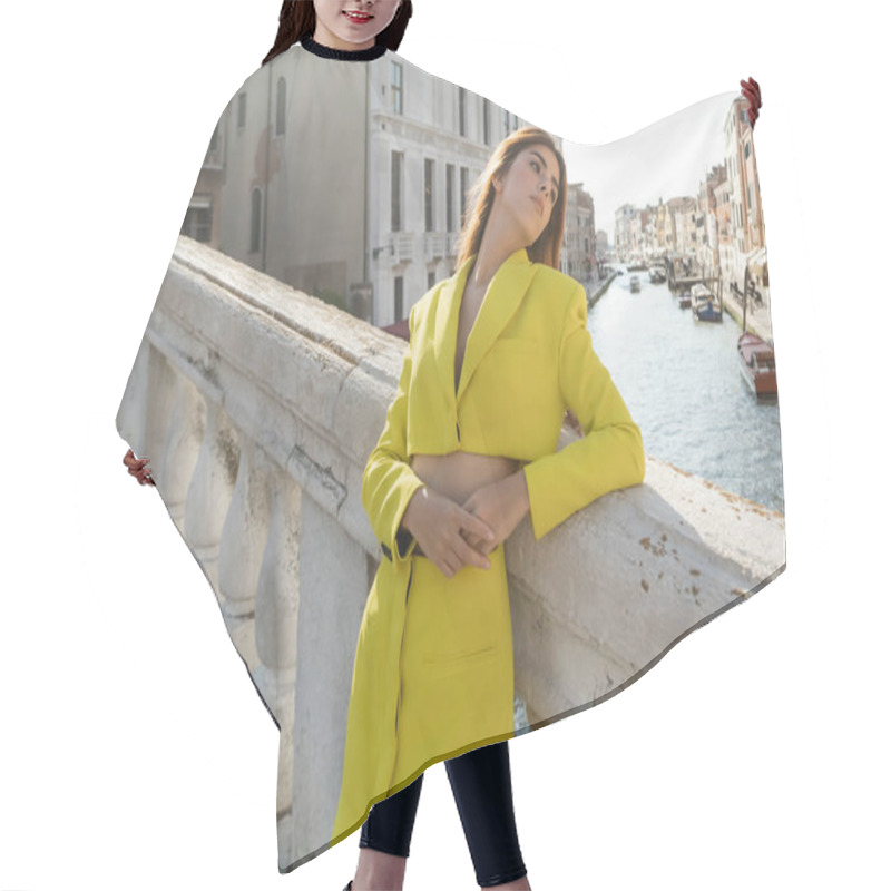 Personality  Young Woman In Yellow Suit Leaning On Balustrade Of Bridge Over Grand Canal In Venice Hair Cutting Cape