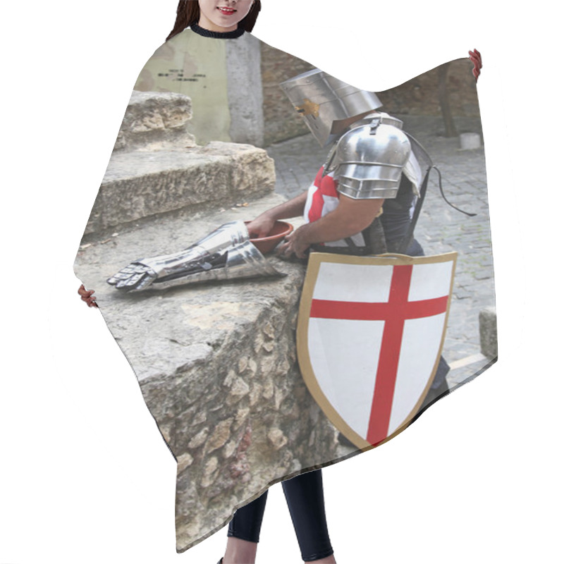 Personality  Knight In Armour With Shield And Sword Against Brown Background Hair Cutting Cape