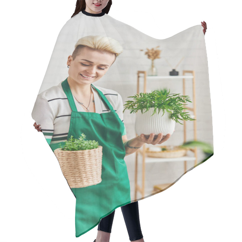 Personality  Plant Lover, Eco-conscious Lifestyle, Pleased Tattooed Woman With Radiant Smile Holding Flowerpots With Green Plants In Modern Apartment, Sustainable Home Decor And Green Living Concept Hair Cutting Cape