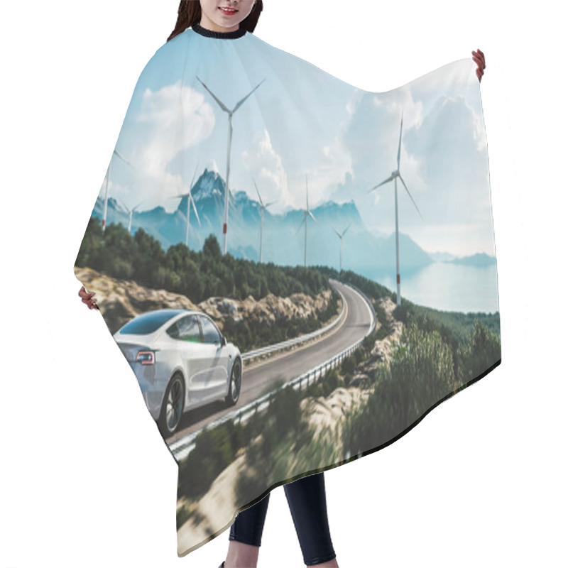 Personality  Electric Car Drive On The Wind Turbines Background. Car Drives Along A Mountain Road. Electric Car Driving Along Windmills Farm. Alternative Energy For Cars. Car And Wind Turbines Farm. 3d Render Hair Cutting Cape