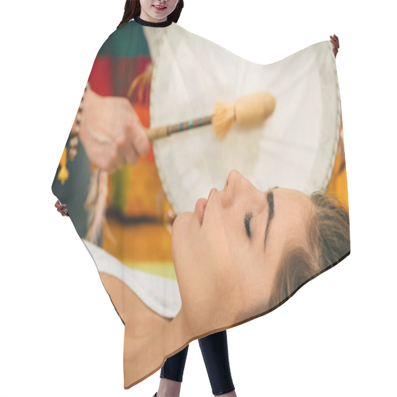 Personality  Woman Using Indian Drum In Sound Therapy Hair Cutting Cape