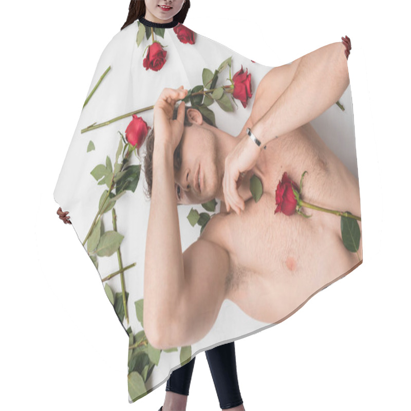 Personality  Top View Of Sexy Muscular Man Obscuring Face And Looking At Camera Near Red Roses On White Background Hair Cutting Cape