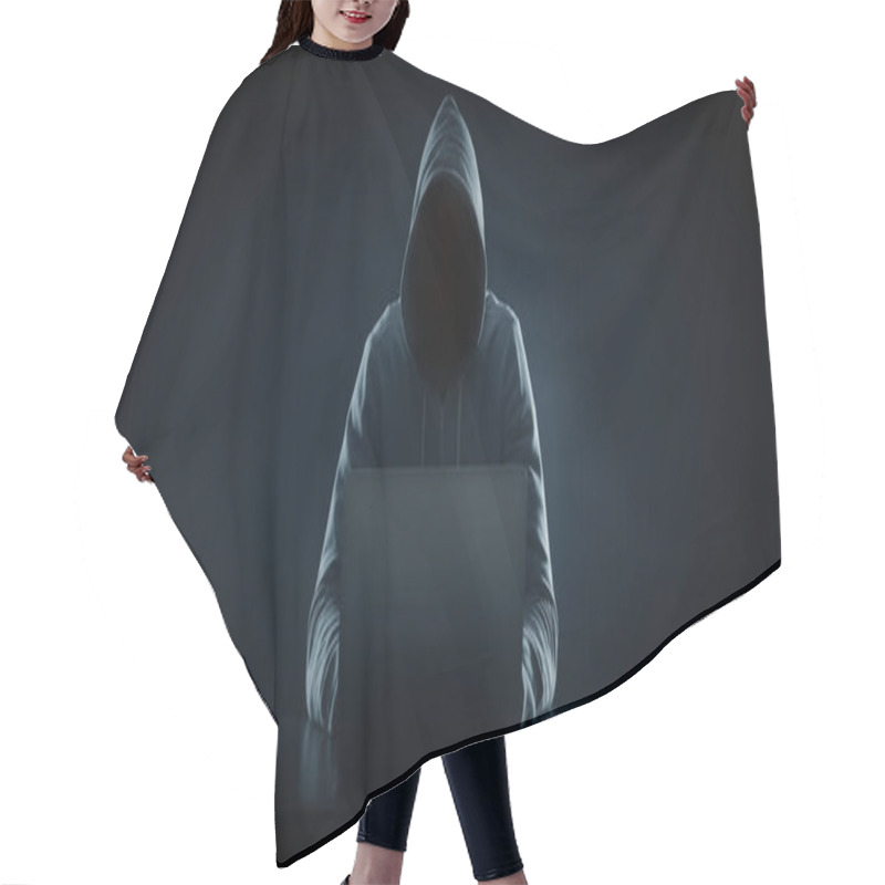 Personality  Anonymous Man In Hood Using Laptop On Black Background. Banner Design Hair Cutting Cape