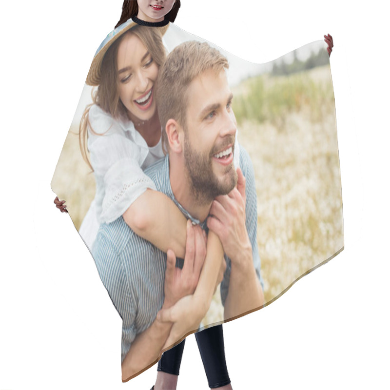 Personality  Happy Lovers Piggybacking Together In Filed With Wild Flowers Hair Cutting Cape