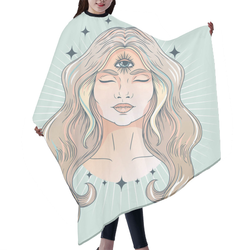 Personality  Poster With Meditative Woman With Third Eye, Can Be Used For Meditation Or Female Sacral Practice, Tender Pastel Palette, Vector Illustration Hair Cutting Cape