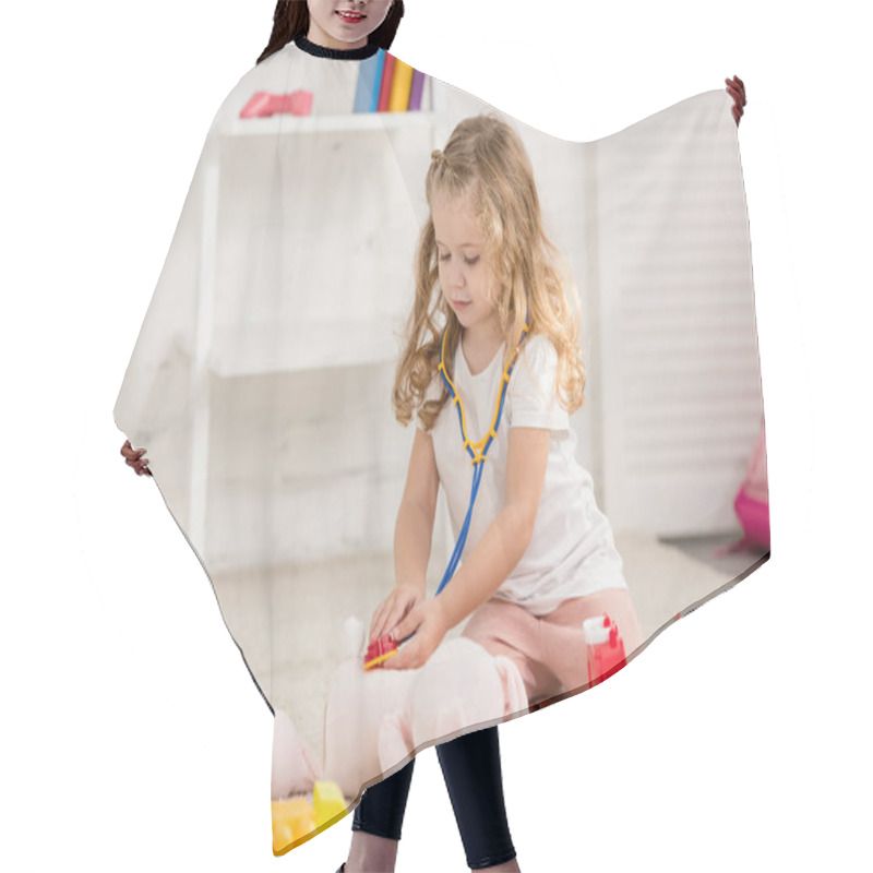 Personality  Adorable Child Examining Soft Rabbit Toy With Stethoscope In Children Room  Hair Cutting Cape