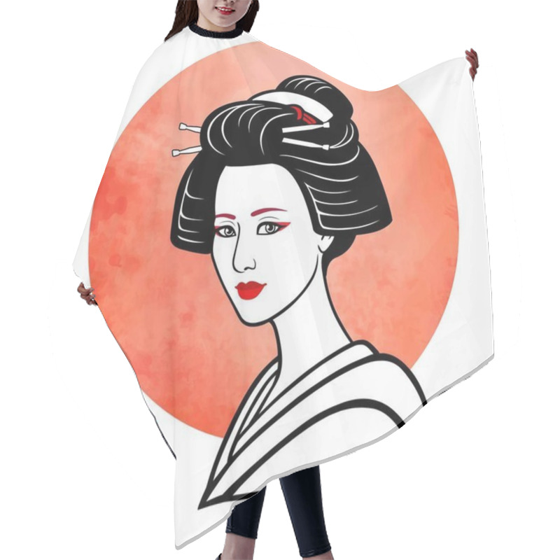 Personality  Realistic Portrait Of The Young Japanese Girl An Ancient Hairstyle. Geisha, Maiko, Princess. Background - The Red Watercolor Sun. Print, Poster, T-shirt, Card. Vector Illustration Isolated On White. Hair Cutting Cape