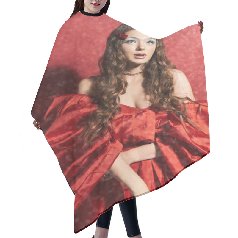 Personality  A Beautiful Young Woman Poses Elegantly In A Striking Red Outfit, Exuding Confidence And Charm. Hair Cutting Cape