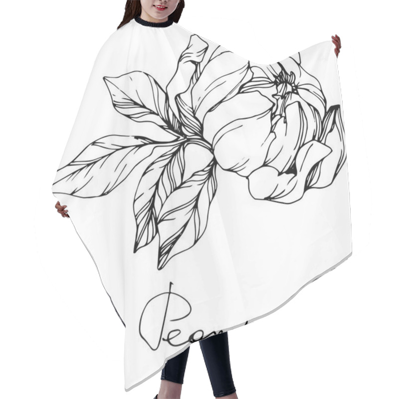 Personality  Vector Isolated Monochrome Peony Flower Sketch And Handwritten Lettering On White Background. Engraved Ink Art.  Hair Cutting Cape