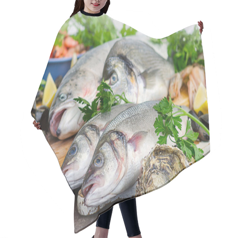 Personality  Fresh Seafood On Wooden Board. Hair Cutting Cape