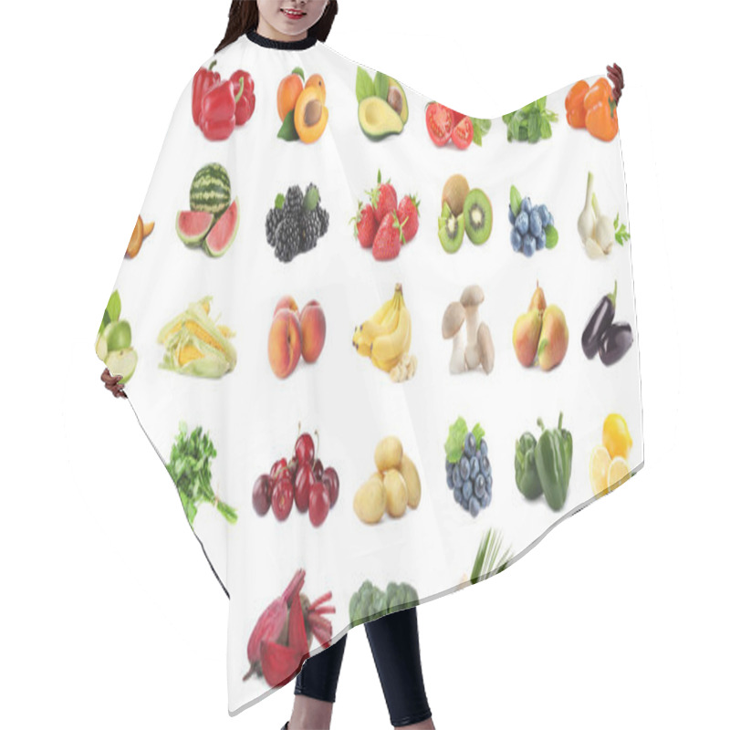 Personality  Assortment Of Organic Fresh Fruits And Vegetables On White Background. Banner Design Hair Cutting Cape