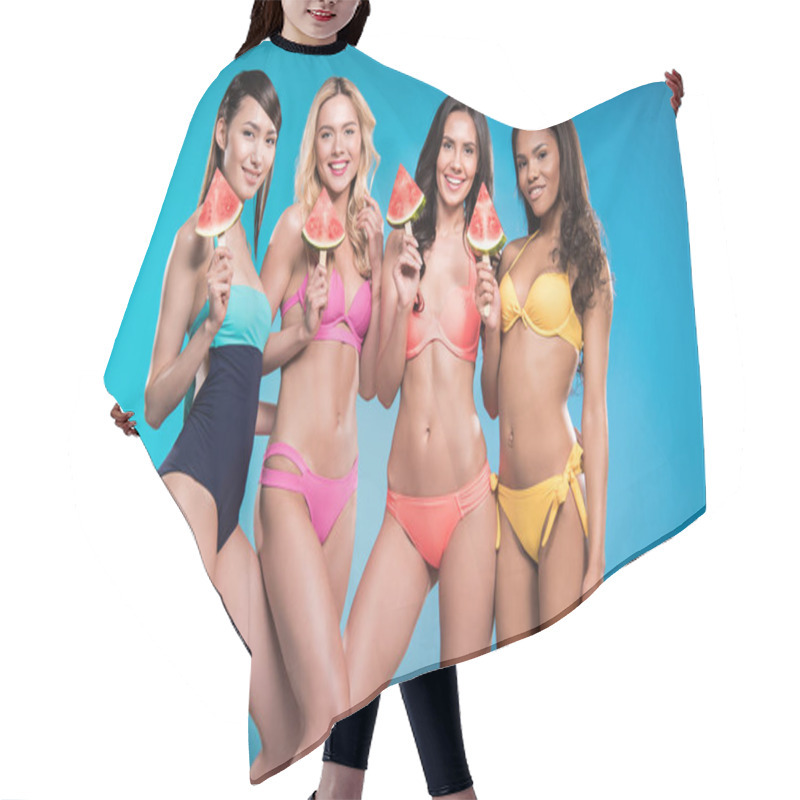 Personality  Girls In Swimsuitsposing With Watermelon Pieces Hair Cutting Cape