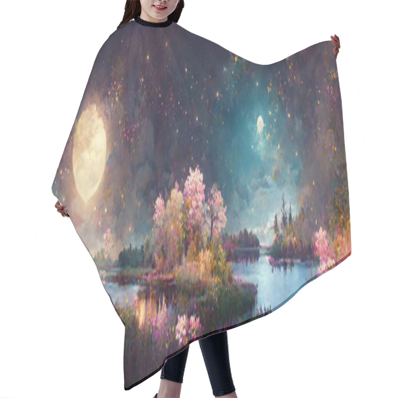 Personality  Night Landscape Environment Harvest Moon Over A Glittering Lake Lush Vegetation Birchwood Trees, Flowers, Magical Galaxy. 3d Drawing Digital Art Hair Cutting Cape