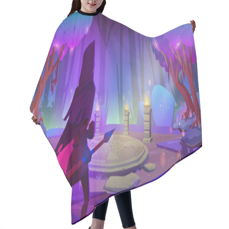 Personality  Fantasy Ranger Or Warrior In Cape With Spear In Night Magic Forest Landscape With Stone Altar Or Portal Under Neon Purple Glowing Trees. Fairy Tale Book Or Game Personage, Cartoon Vector Illustration Hair Cutting Cape