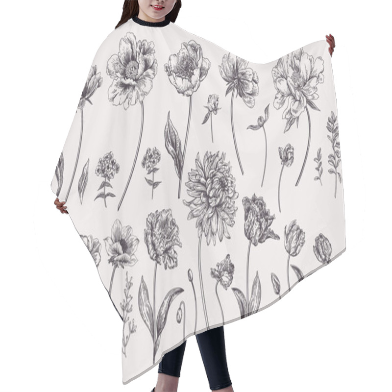 Personality  Set With Spring Garden Flowers. Chrysanthemum, Peony, Tulip, Phlox, Eucalyptus Seeds. Vector Botanical Illustration. Black And White. Hair Cutting Cape