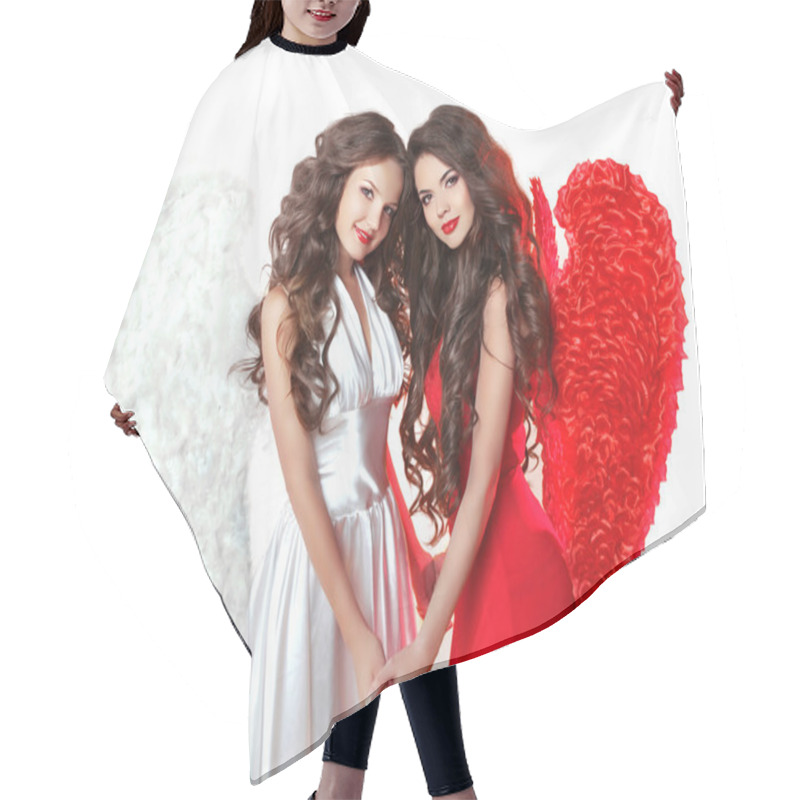 Personality  Glamorous Fashion Brunette Angel Girl With Angel's Wings. Valent Hair Cutting Cape