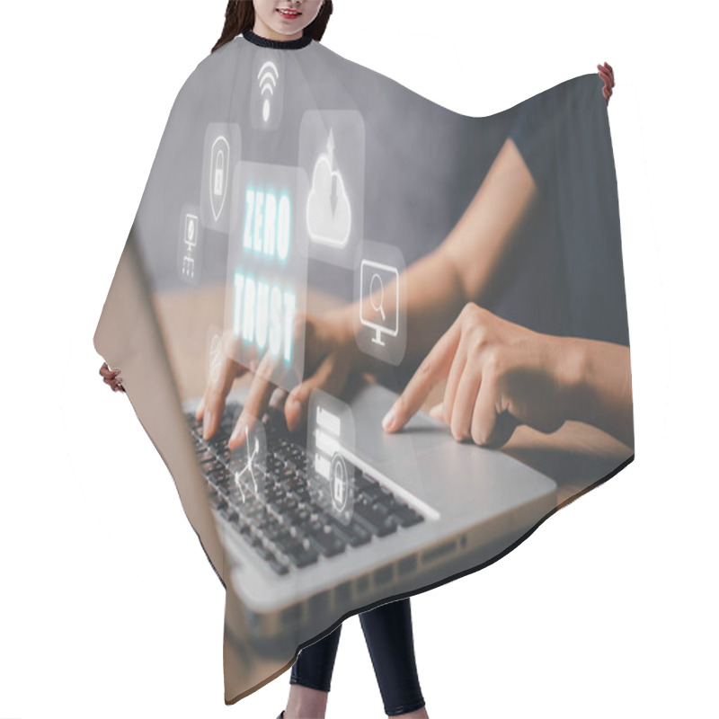 Personality  Zero Trust Security Concept, Person Using Computer With Zero Trust Icon On Virtual Screen. Hair Cutting Cape