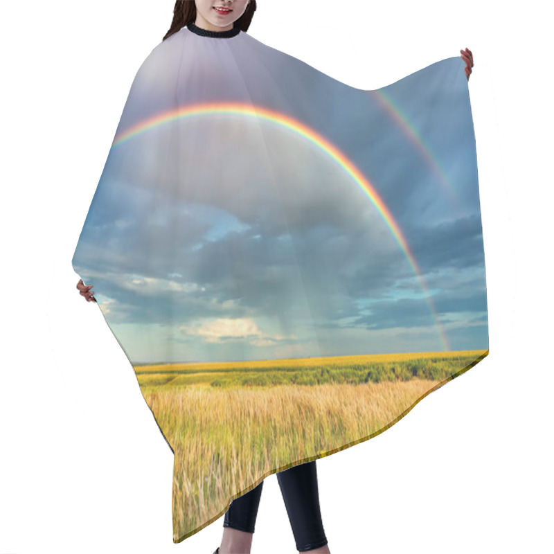 Personality  Rainbow Over Stormy Sky. Rural Landscape With Rainbow Over Dark Stormy Sky In A Countryside At Summer Day. Hair Cutting Cape