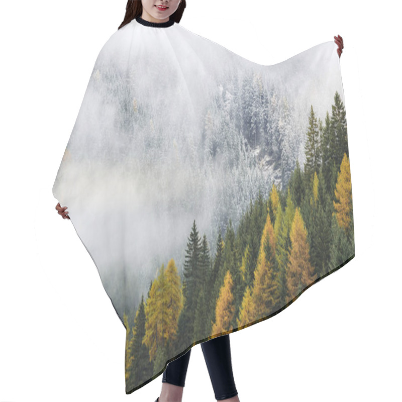 Personality  Autumn And Winter Colour Mix / Italian Alpine Mountains During Autumn Switching To  Winter In Foggy Day Hair Cutting Cape