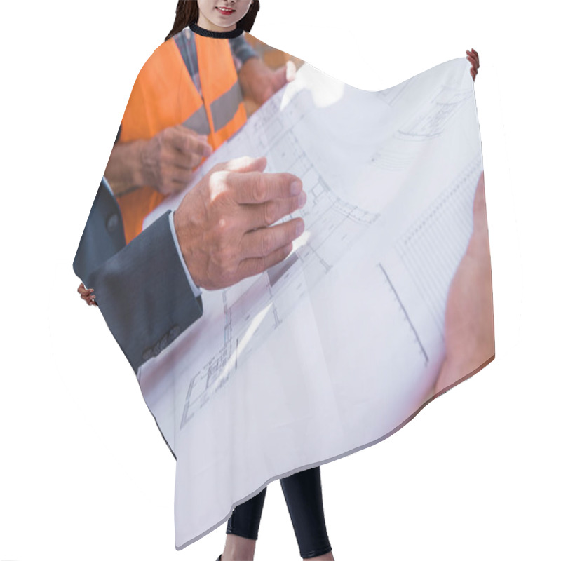 Personality  Cropped View Of Businessman Gesturing Near Blueprint And Constructors  Hair Cutting Cape