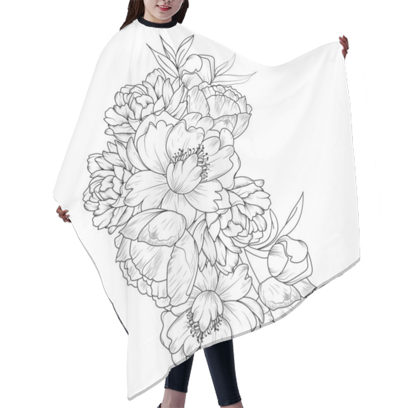 Personality  Monochrome Hand Drawn Doodle Flowers. Sketch For Greeting Cards, And Posters. Vector Illustration. Hair Cutting Cape