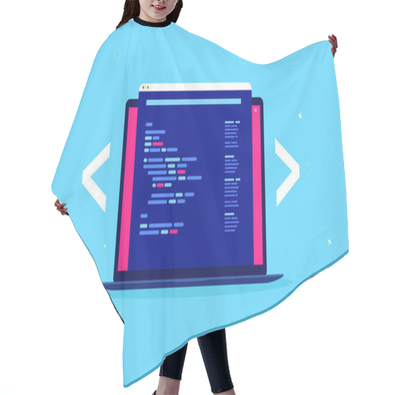 Personality  Web Development - Laptop Computer With Coding Software Popping Out Of Screen. Unrecognisable Code Language. Vector Illustration. Hair Cutting Cape