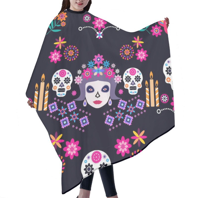 Personality  Mexican Seamless Pattern, Catrina Calavera  Sugar Skulls And  Marigold Flowers. Template  For Mexican Celebration, Traditional Mexico Skeleton Decoration. Dia De Los Muertos, Day Of The Dead  Halloween Vector Illustration Hair Cutting Cape