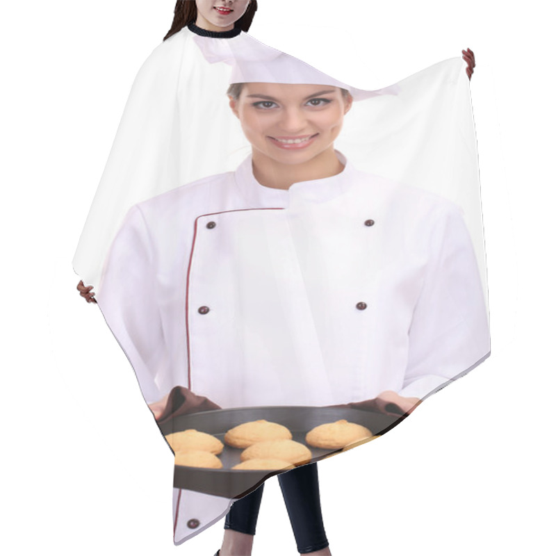 Personality  Portrait Of Young Woman Chef With Cakes On Dripping Pan Isolated On White Hair Cutting Cape