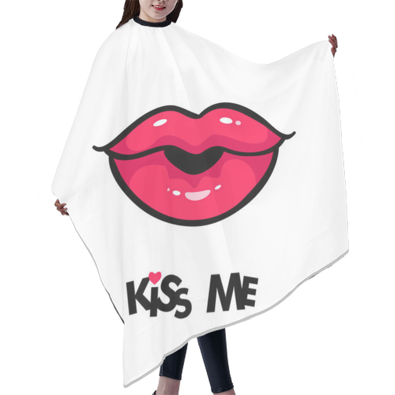 Personality  Sexy Female Mouth In Form Of Kiss And Kiss Me Lettering. Vector Comic Illustration In Pop Art Retro Style Isolated On White Background. Hair Cutting Cape