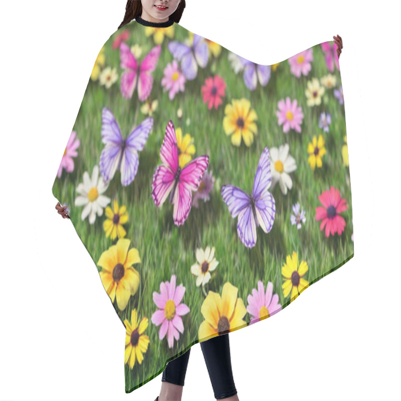 Personality  An Embroidered Depiction Of A Springtime Meadow Filled With Butterflies And Flowers, Where Soft Pastel Threadwork Highlights The Gentle Movement Of Petals And The Vibrancy Of Spring Colors. Hair Cutting Cape