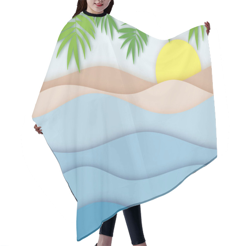 Personality  Relaxed Sea View In Summer Time With A Palm Leaf. Morning Sunrise. 3D Layered Paper Cut Out Water Waves. Exotic Craft Banner. Papercut Layout For Presentation, Article And Header. Vector Illustration Hair Cutting Cape