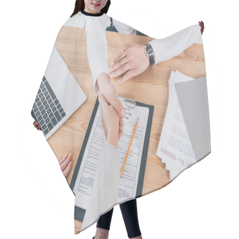 Personality  Partial View Of Businessman Shaking Hands With Woman At Workplace, Compensation Concept Hair Cutting Cape