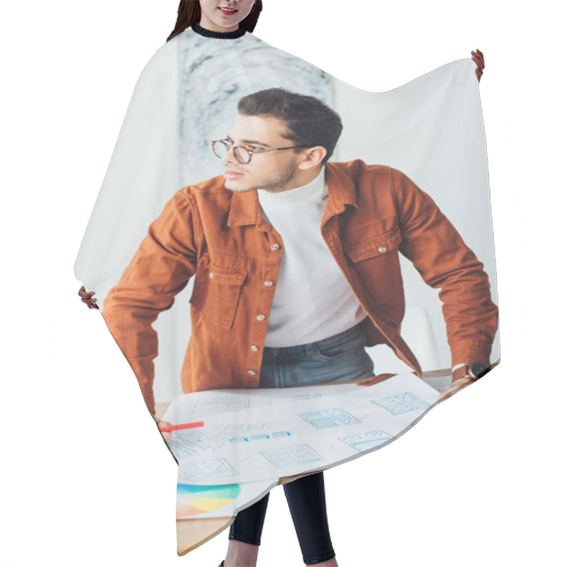 Personality  Handsome Ux Designer Looking Away While Working With Website Templates On Table Hair Cutting Cape