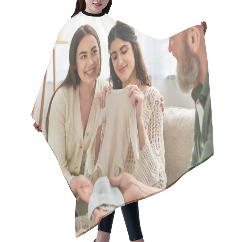 Personality  Cheerful Pregnant Woman Getting Singlet And Beanie As Gift From Her Grey Bearded Father, Ivf Concept Hair Cutting Cape