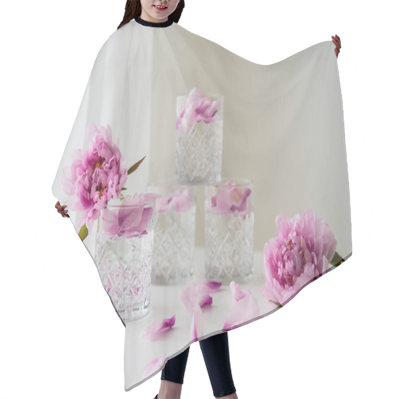 Personality  Faceted Glasses With Tonic Near Pink Peonies On White Surface And Grey Background Hair Cutting Cape