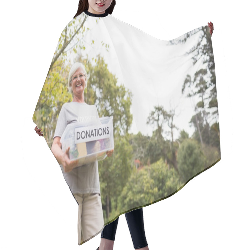 Personality  Happy Grandmother Holding Donation Box Hair Cutting Cape