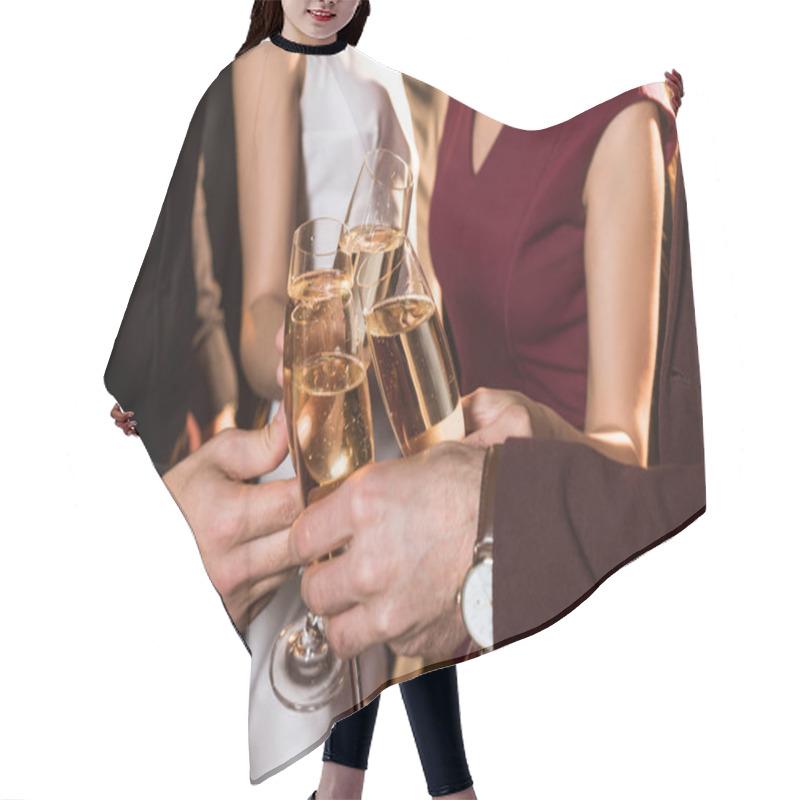 Personality  Cropped Shot Of Friends Clinking Champagne Glasses During Party Hair Cutting Cape