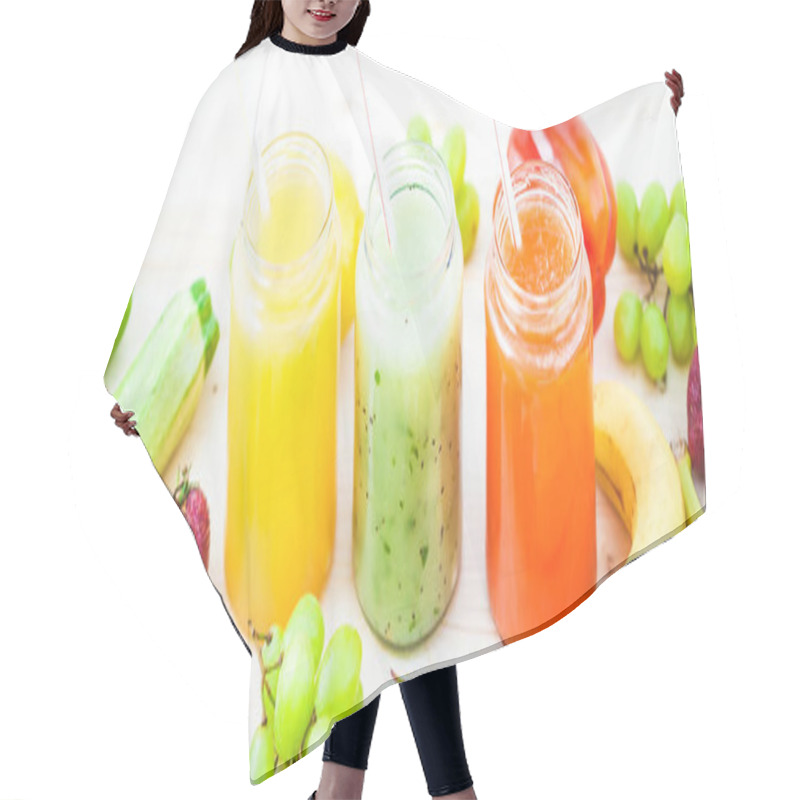 Personality  Freshly Squeezed Fruit Juice, Smoothies Yellow Orange Green Blue Banana Lemon Apple Orange Kiwi Grape Strawberry On A Dark Wooden Background Copy Space Flat Lay Banner Concept Hair Cutting Cape