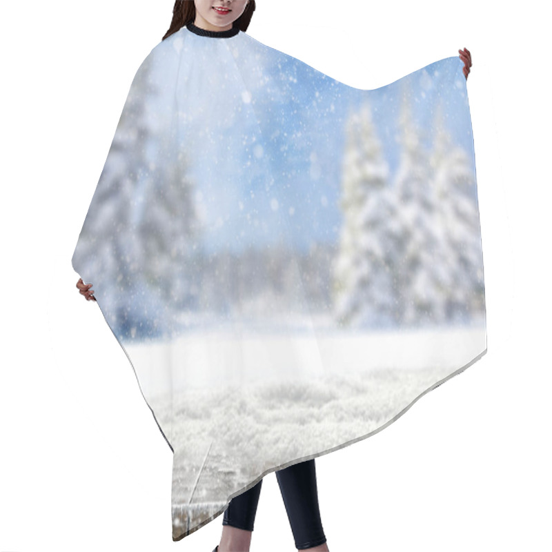 Personality  Xmas Winter Background. Winter Snow Landscape And Rustic Table Of Wood With Snow On Top. Christmas Card. Hair Cutting Cape